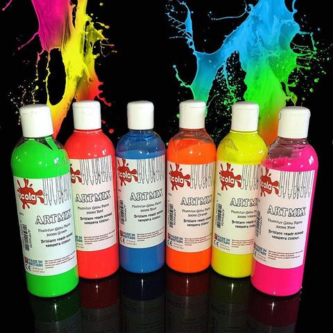 Scola Fluorescent Colours, Ready Mixed Paint -  6 x 600ml Assorted Pack